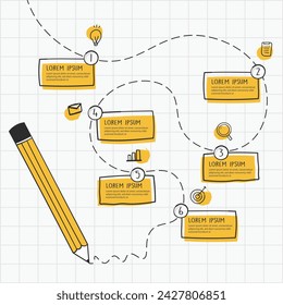 Infographic hand drawn professional steps With Pencil Yellow Color. Vector illustration.