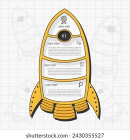 Infografía dibujada a mano pasos profesionales con el color amarillo del cohete. Ilustración vectorial.