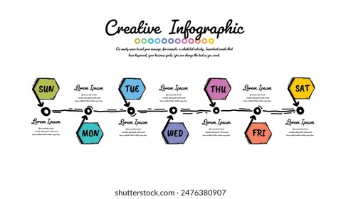 Infographic Hand drawn weekly planner, Timeline business for 7 day, Presentation business can be used for Business concept with 7 options, steps or processes. EPS Vector.