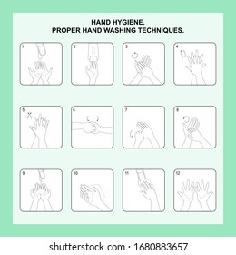 Infographic hand washing hygiene in vector. Hand hygiene. Proper hand washing techniques.
Instructions, stand for personal hygiene hand washing step by step, for the prevention of diseases and a healt