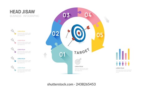 Infographic Head arrow diagram template for business education. Modern 5 steps, digital marketing data, presentation vector infographics.