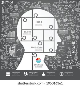 Infographic Head jigsaw with  doodles line drawing success strategy plan idea. Vector illustration.