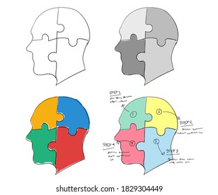 Infographic head puzzle set collection hand drawn sketches white isolated background