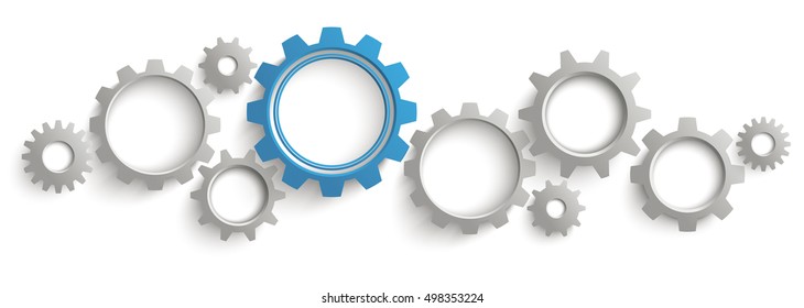 Infographic header with gray and blue gears on the white background. Eps 10 vector file.