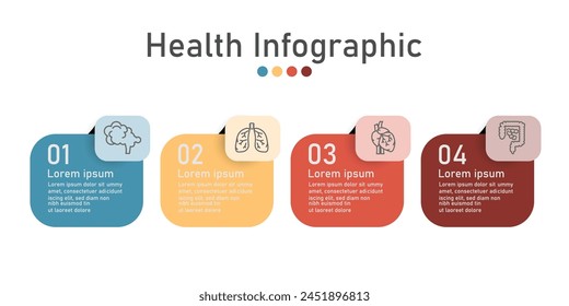 Infografik Gesundheitswesen Vorlage für Behandlung und Gesundheitswesen Informationspräsentation. Vektorgrafik quadratisch mit Orgelsymbolen und Beispielsätzen. Moderne Workflowdiagramme. Paket 4-Themen melden