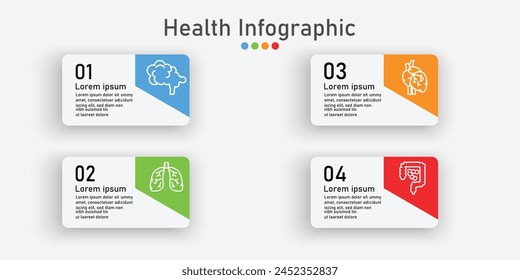 Infographic health care template for treatment and health care information presentation. Vector square with organ icons and examples sentences. Modern workflow diagrams. Report plan 4 topics