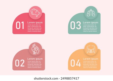 Infographic health care template for treatment and health care information presentation. Vector geometric with organ icons and examples sentences. Modern workflow diagrams. Report plan 4 topics