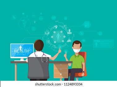 Infographic Health, Concept Doctor Patient Sitting At Office Desk And Working On His Computer With Medical Equipment All Around, Back View Vector Illustration 