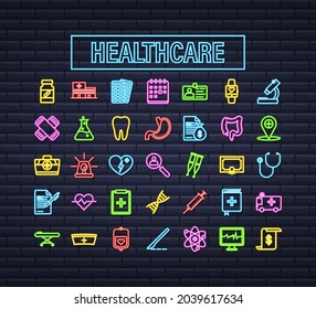 Infographic with healthcare neon icon for medical design. Medical insurance. Vector stock illustration.