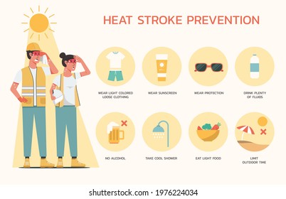 Infographic of heatstroke prevention with sign symbol and icon, Engineer worker standing on hot weather, flat vector design illustration