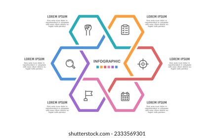 Infografik-Hexagon-Zyklus. Das Kuchendiagramm ist in 6 Teile unterteilt. Vektorgrafik.