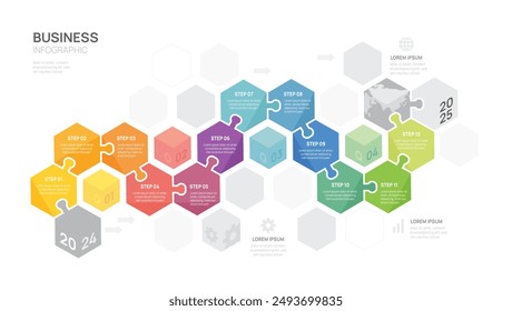 Infographic hexagon diagram 12 processes steps template for business, presentation vector infographics.