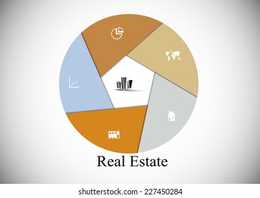 Infographic with hexagon shape consists of six parts and Real Estate motif in the middle with other signs and symbols on light background with shady corners