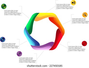 Infographic with hexagon shape divided into six parts with signs in each and with space for own text on sides