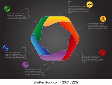 Infographic with hexagon shape divided into sig parts with signs in each and with space for own text on sides on black background