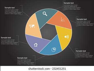 Infographic with hexagon shape divided into sig parts with signs in each and with space for own text on sides on black background
