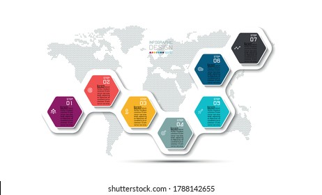 Infographic hexagon vector design has 7 steps for new ideas and present about work process, business growth and step of analysis, vector infographic.