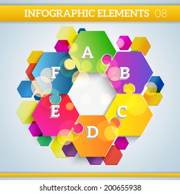 Infographic hexagonal colorful paper elements on abstract colorful hexagons background. can be used for work-flow layout, number options, web design. 