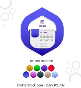 Infographic with hexagonal drop shape with text box, icon box, colors for customization, contacts and logo example
