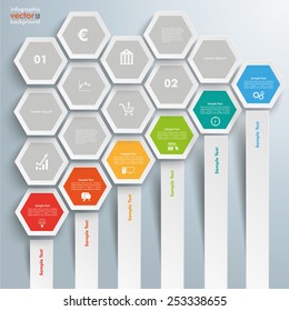 Infographic with hexagons on the grey background. Eps 10 vector file.
