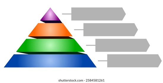 Infographic hierarchical illustration of orange with purple with blue and green triangle divided, Pyramid shape four layers for presenting business ideas or disparity and statistical