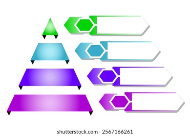 Infographic hierarchical illustration of purple with blue and green triangle divided and cut and space for text, Pyramid shape four layers for presenting business ideas or disparity and statistical