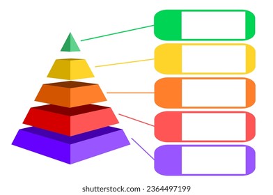 Infographic hierarchical statistical illustration of purple with red with orange with yellow and green triangles and label, Pyramid shape made of five layers for presenting business idea or disparity