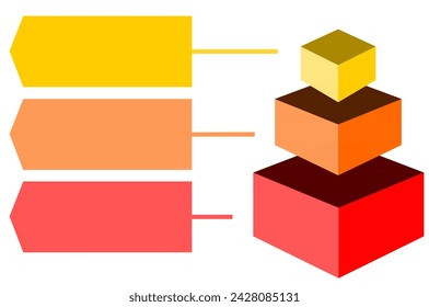 Infographic hierarchical vector of red with orange and yellow square box divided , Pyramid shape graphic made of three layers for presenting business ideas or disparity and statistical