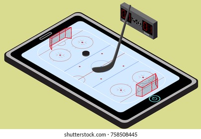 Infographic hockey playground, ball, and tablet. Isometric hockey image. Isolated. In vector