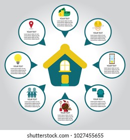 Infographic Home Improvement Plans. Home icon with plant hummer and money. Flat style, Vector illustration