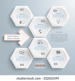 Infographic with honeycomb structure with arrow on the gray background. Eps 10 vector file.