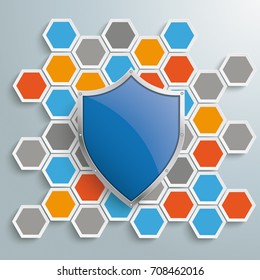 Infographic with honeycomb structure and blue protection shield on the gray background. Eps 10 vector file.