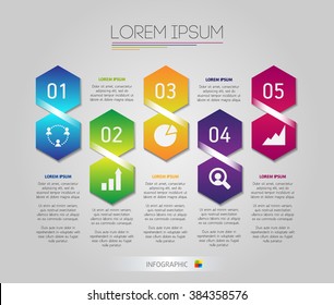 Infographic honeycomb structure elements with icons set on the grey background. Vector graphic business modern template. Hexagon vector illustration