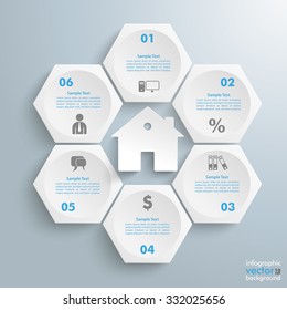 Infographic with honeycomb structure and house on the gray background. Eps 10 vector file.