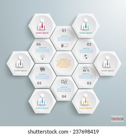 Infographic with honeycomb structure on the gray background. Eps 10 vector file.
