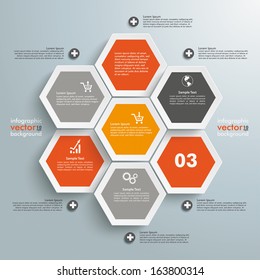 Infographic with honeycomb structure on the grey background. Eps 10 vector file.