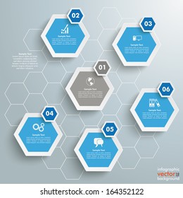 Infographic with honeycomb structure on the grey background. Eps 10 vector file.