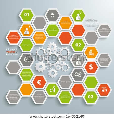 Infographic with honeycomb structure on the grey background. Eps 10 vector file.