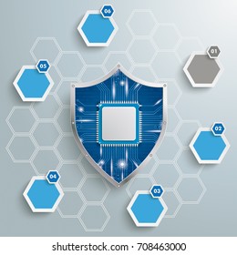 Infographic with honeycomb structure and protection shield with processor on the gray background. Eps 10 vector file.