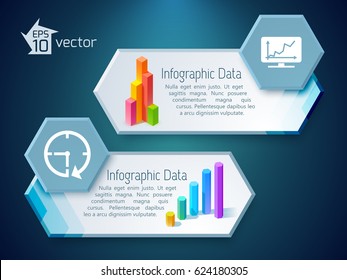 Banderas horizontales infográficas con texto 3d gráficos de colores gráficos e iconos en hexagones ilustraciones vectoriales