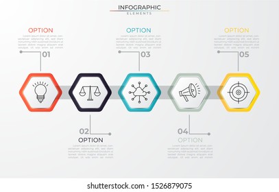 Infographic horizontal row of 5 polygon paper white elements with icon. Chart process template. Vector illustration for business project and presentation. Trendy Eps10 design