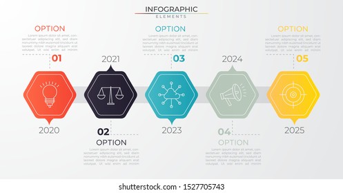Infographic horizontal row of 5 polygon paper white elements with icon. Chart process template. Vector illustration for business project and presentation. Trendy Eps10 design