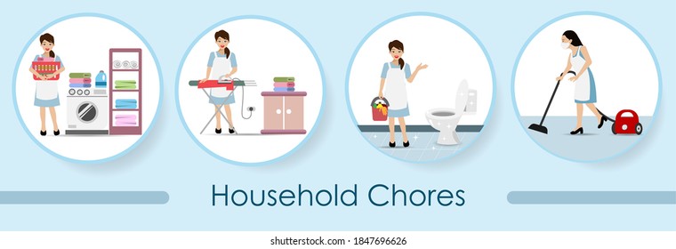 Infographic of housekeeping woman doing household chores, laundry, ironing clothes, cleaning toiliet and vacuuming floor. Domestic housework, cleaning service and covid-19 prevention concept.