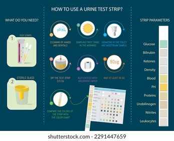 Infografía de cómo hacer una prueba de orina con tiras de prueba en casa.icono de lo que necesitas, pasos a seguir y lo que mide.infografía sobre fondo azul.