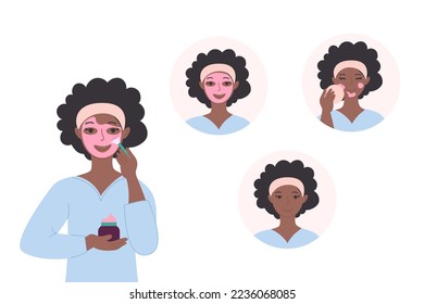 Infographic how to use a cosmetic face mask. African American black woman