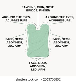 Infographic of how to use gua sha scraping massage stone square shaped is made of green aventurine. Home beauty skin care routine. Chinese skin care concept. Hand drawn vector illustration. 