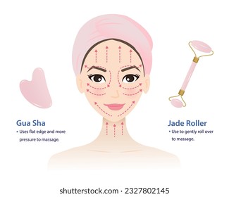 Infographic of how to use Gua sha face stone and Jade roller massage tool with cute woman face vector isolated on white background. Direction for massage upward across and along the face.
