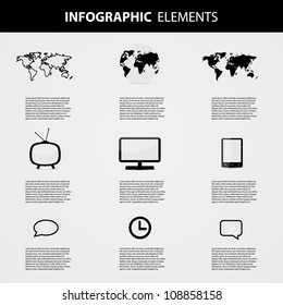 Infographic Icon Grid – 3x3 Layout with Global, Tech, and Communication Symbols and Placeholder Text. A structured infographic titled "INFOGRAPHIC ELEMENTS" featuring a 3×3 grid of icons, each accompanied by placeholder text. The top row includes three world map variations; the middle row displays a retro television, computer monitor, and smartphone; and the bottom row features a speech bubble, clock, and rectangular dialog icon. This versatile layout showcases key visual elements commonly used in data visualization, UI design, educational materials, and digital presentations. Suitable for both commercial and editorial use across print and digital platforms.