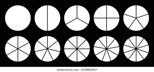 Ícone infográfico círculos de pizza definido raio dividido em cor branca. Segmentos de círculo com 1 a 10 partes. Diagrama redondo branco. Seções de círculo divididas definidas. Ilustração vetorial