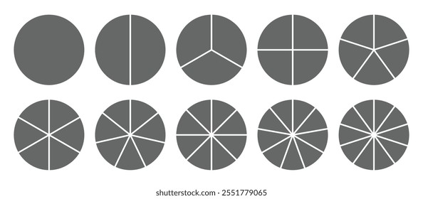 Ícone infográfico círculos de pizza definido raio dividido em cor cinza. Segmentos de círculo com 1 a 10 partes. Conjunto de diagramas de pizza. Seções de círculo divididas definidas. Ilustração vetorial